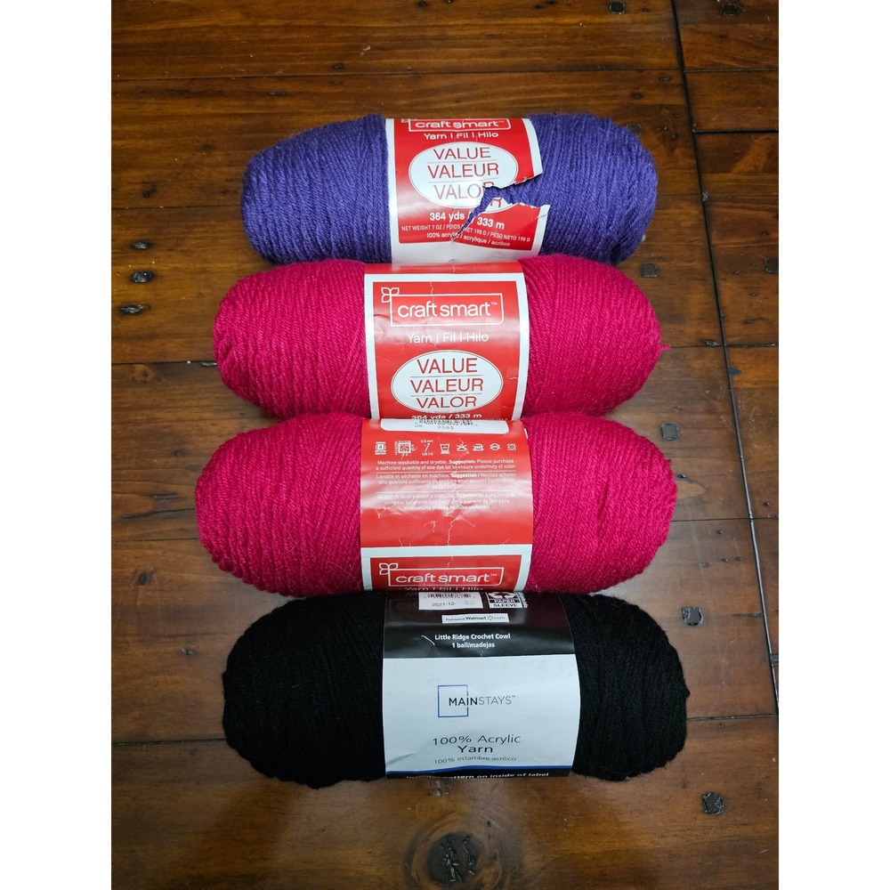 Craft Smart & Mainstays‎ 100% Acrylic Yarn Lot 4 Skeins Purple Fuchsia Black